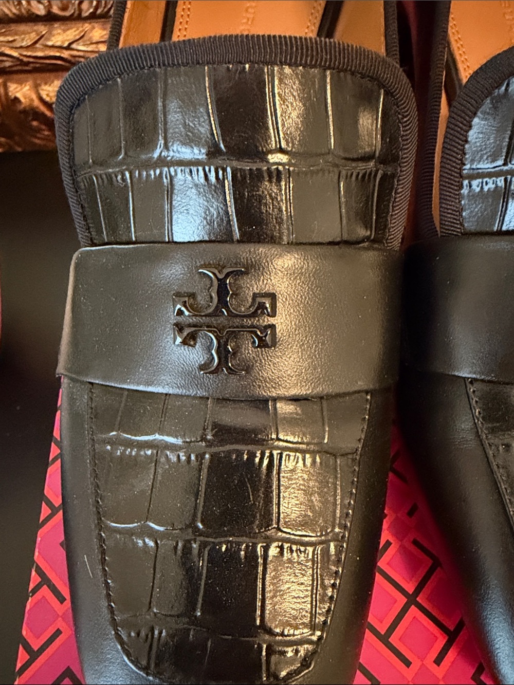 Tory Burch Black Croc-Embossed Leather Slip-On Loafers - Picture 2 of 4
